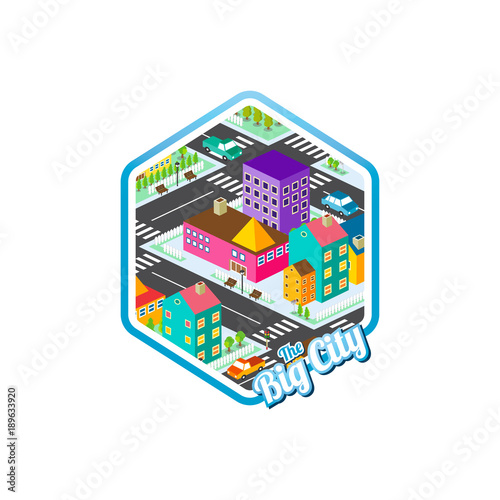big city isometric real estate realty cartoon logo template