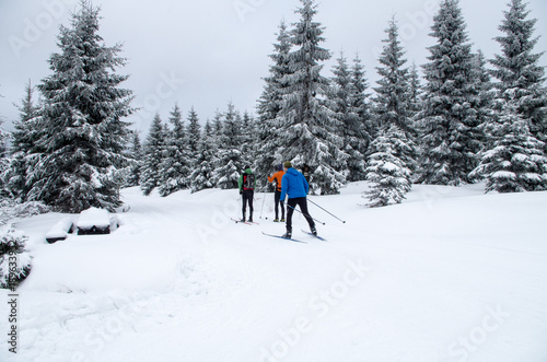 Three men doing cross-country skiing, Jizerka, Czech Republic.
