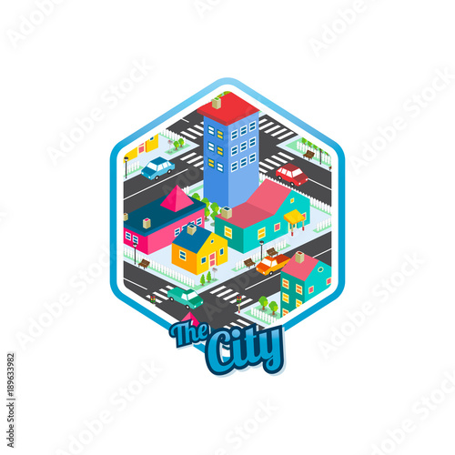 big city isometric real estate realty cartoon logo template