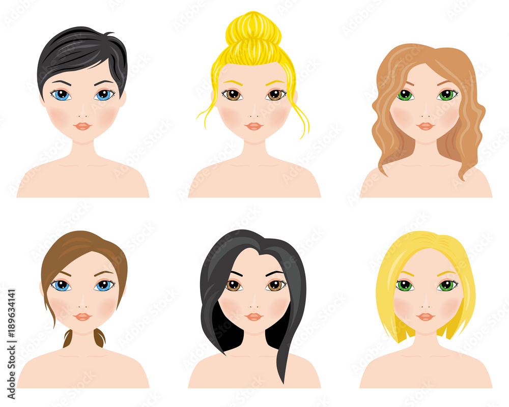 Set of cute girls with different hairstyles and color Set of cute girls with different hairstyles and color
