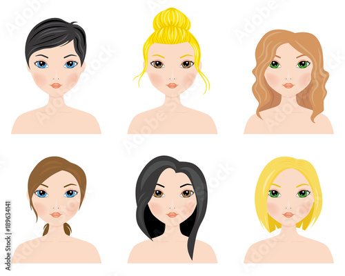 Set of cute girls with different hairstyles and color