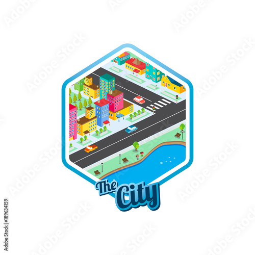 big city isometric real estate realty cartoon logo template