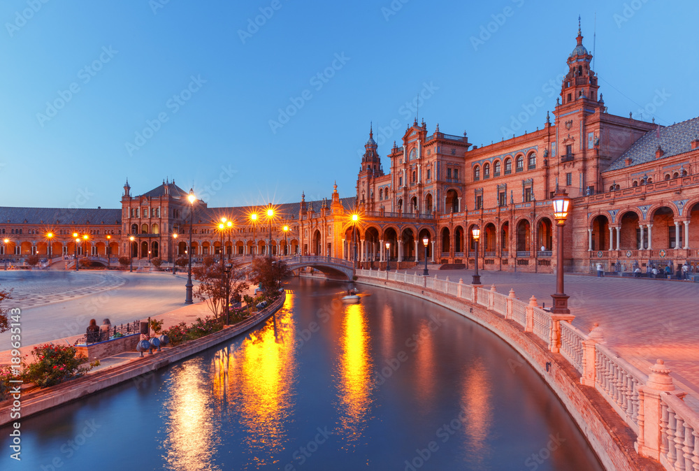 Spain Square or Plaza de Espana in Seville during evening blue hour, Andalusia, Spain