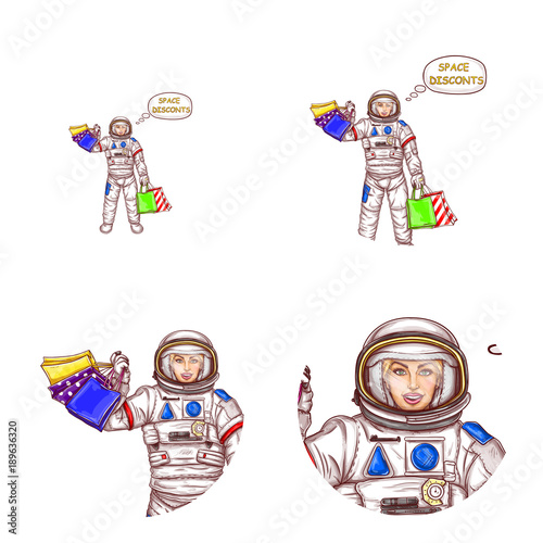 Vector set of female round avatars for users of social networks, blogs, profile icons in pop art style. Happy smiling astronaut girl holds shopping bags in hands and announces space discounts