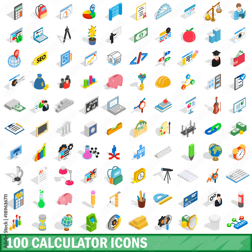 100 calculator icons set, isometric 3d style 100 calculator icons set, isometric 3d style