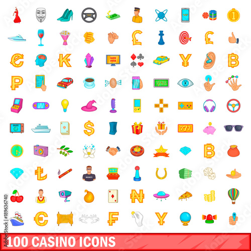 100 casino icons set, cartoon style