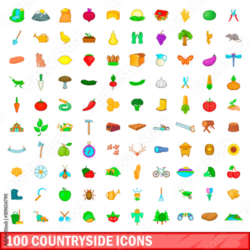 100 countryside icons set, cartoon style