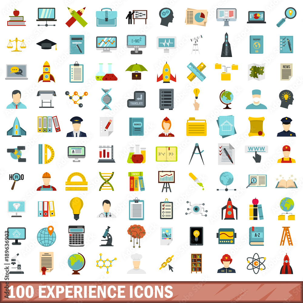 100 experience icons set, flat style