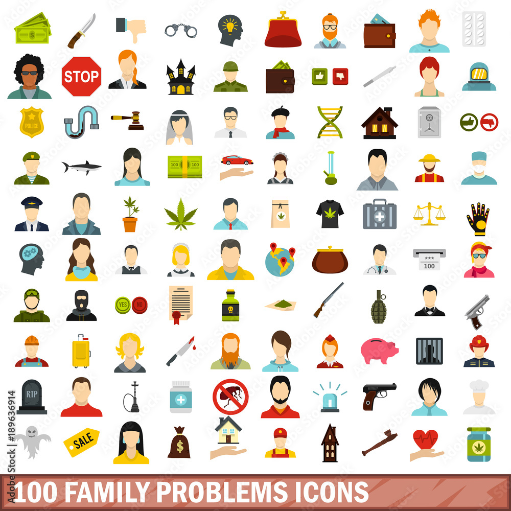 100 family problems icons set, flat style