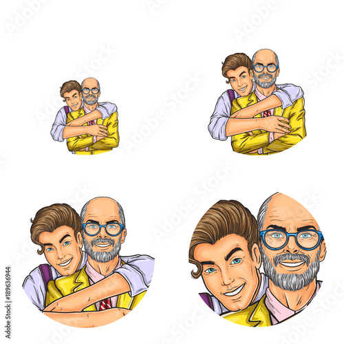Vector pop art avatars for social network chat user profile or blog account picture icon template. Grandson young boy embracing adult grandfather man in glasses happy smiling. Retro sketch set