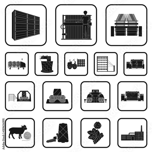 Textile industry black icons in set collection for design.Textile equipment and fabrics vector symbol stock web illustration.