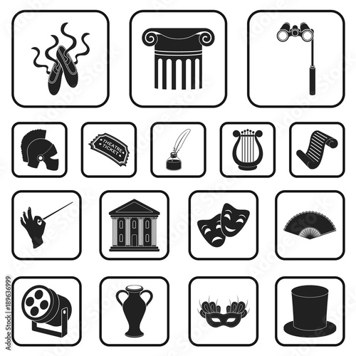 Theatrical art black icons in set collection for design.Theater equipment and accessories vector symbol stock web illustration. photo