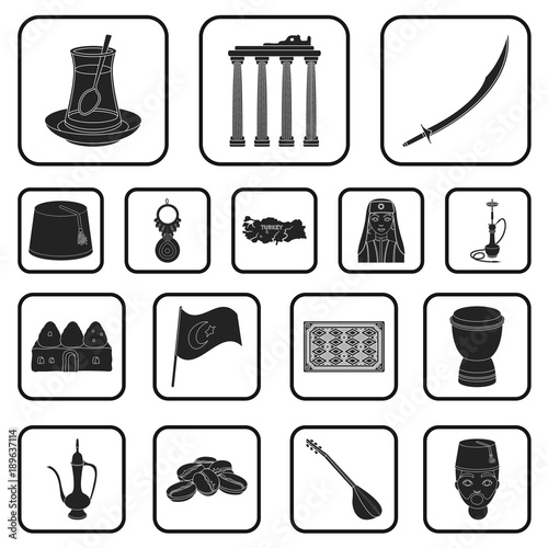 Turkey country black icons in set collection for design.Travel and attractions vector symbol stock web illustration.