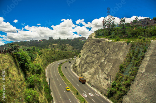 Aerial view of road in the mountains to visit the municipal dump in the city of Quito, Ecuador
