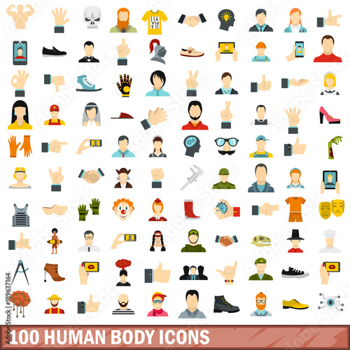 Fototapeta Naklejka Na Ścianę i Meble -  100 human body icons set, flat style