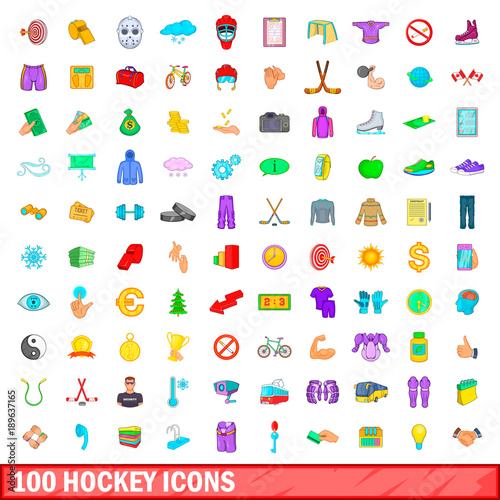 100 hockey icons set  cartoon style