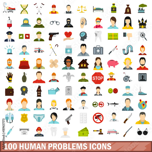 100 human problems icons set  flat style