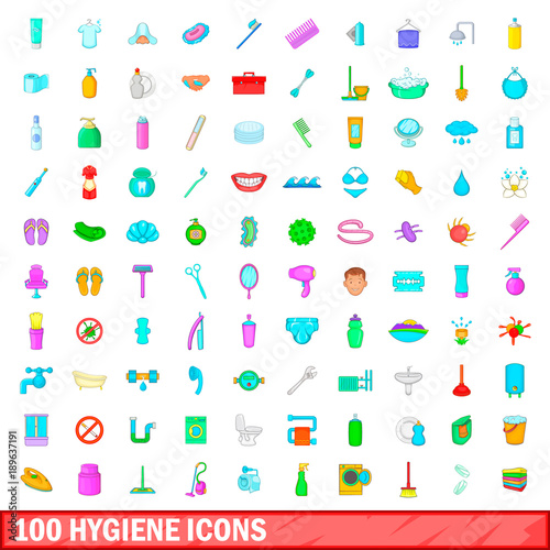 100 hygiene icons set, cartoon style
