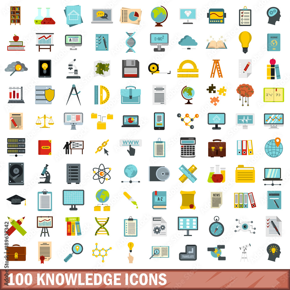 100 knowledge icons set, flat style 100 knowledge icons set, flat style