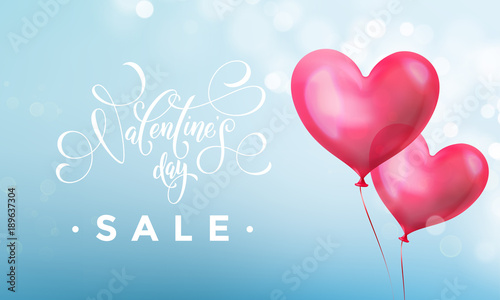 Valentines day sale poster or banner of valentine red heart on blue light pattern background. Vector Valentines day holiday shop discount promo design template of glossy crystal heart