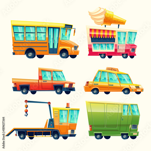 Transport vehicles vector cartoon icons. Isolated flat colorful public and passenger set of school bus or taxi and recovery tow truck, ice cream promo vending van and armored minivan or pickup car