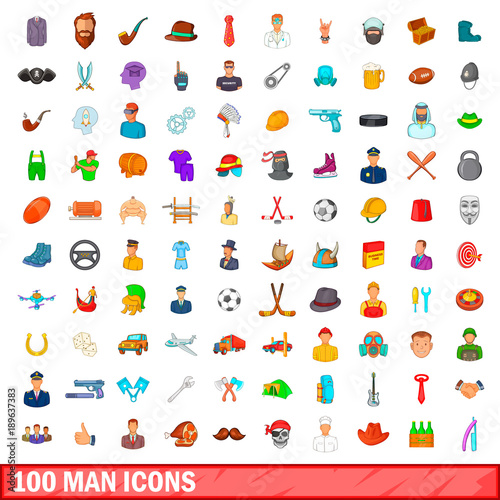100 man icons set, cartoon style