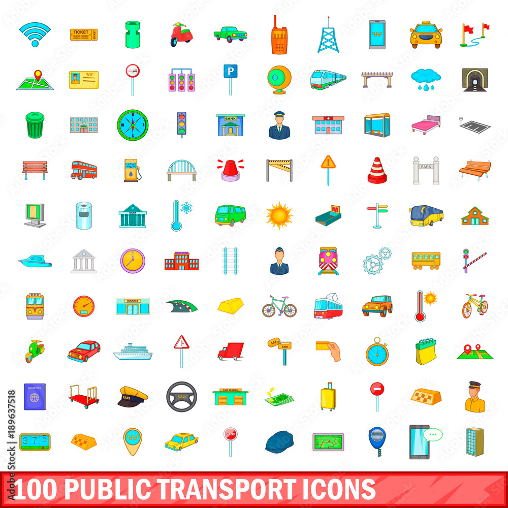 100 public transport icons set, cartoon style 100 public transport icons set, cartoon style