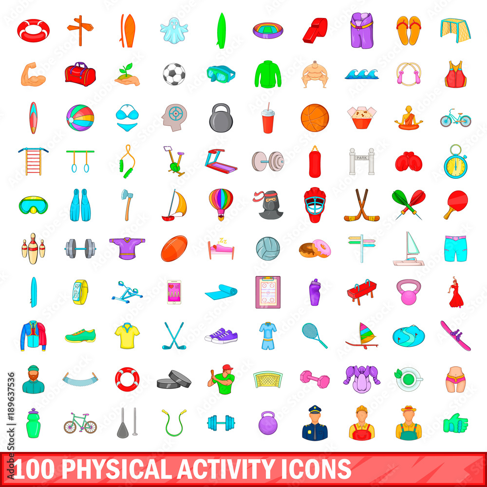 100 phisical activity icons set, cartoon style 100 phisical activity icons set, cartoon style