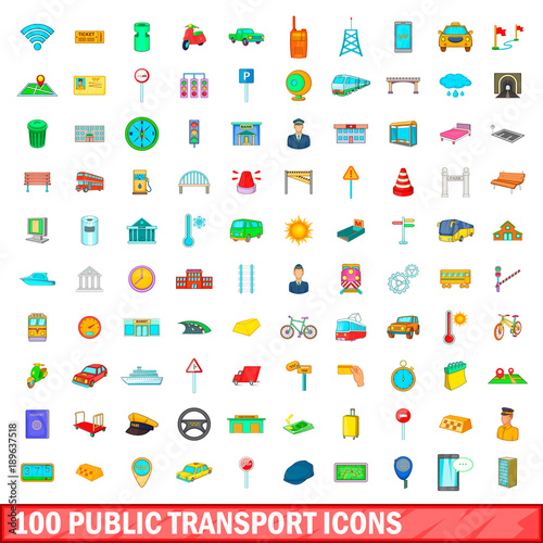 100 public transport icons set, cartoon style