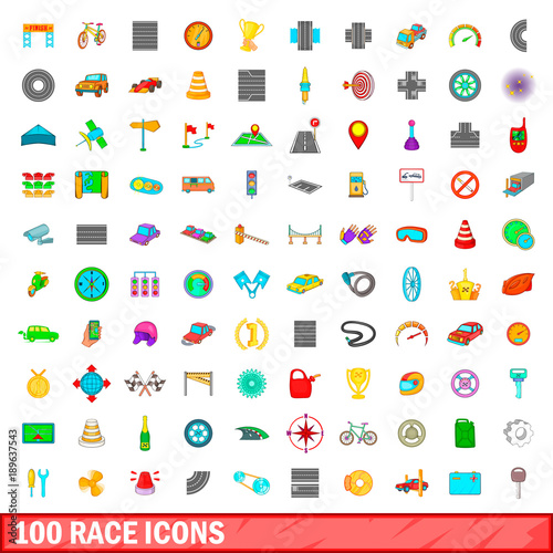 100 race icons set, cartoon style