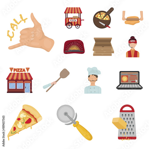Pizza and pizzeria cartoon icons in set collection for design. Staff and equipment vector symbol stock web illustration.