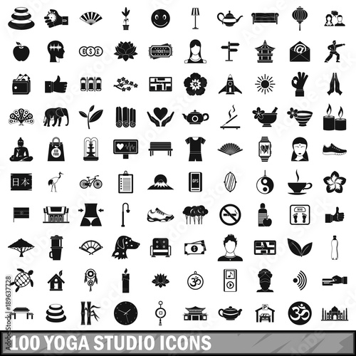 100 yoga studio icons set, simple style 