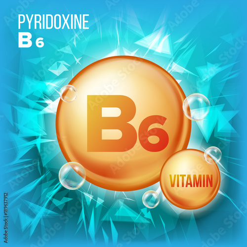 Vitamin B6 Pyridoxine Vector. Vitamin Gold Oil Pill Icon.Organic Vitamin Gold Pill Icon. For Beauty, Cosmetic, Heath Promo Ads Design. 3D Vitamin Complex With Chemical Formula. Illustration