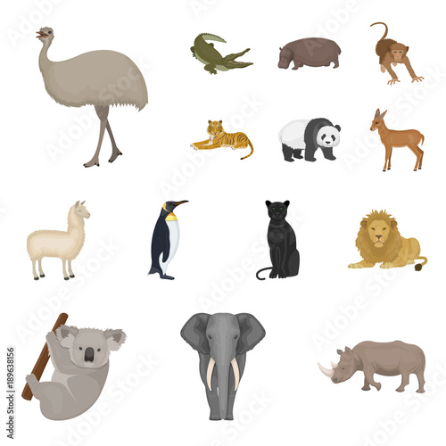Different animals cartoon icons in set collection for design. Bird, predator and herbivore vector symbol stock web illustration.