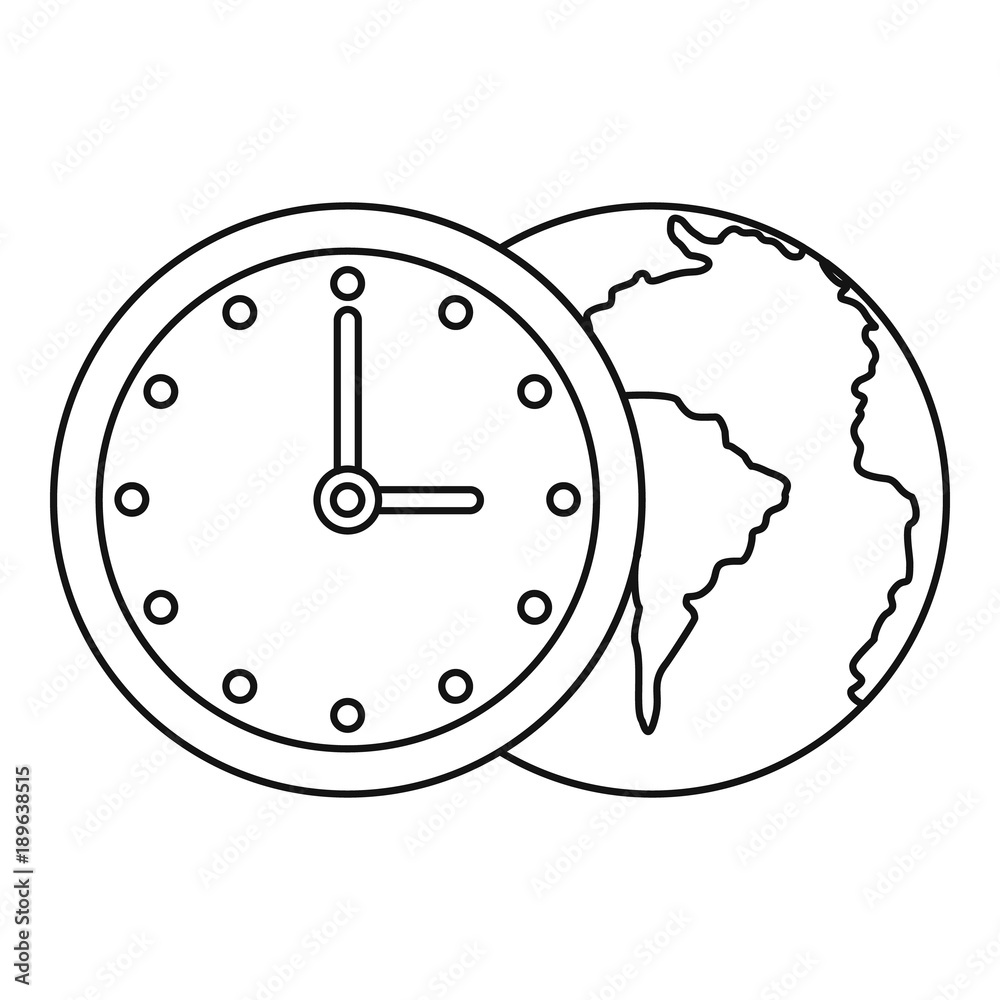World planet with watch icon, outline style World planet with watch icon, outline style