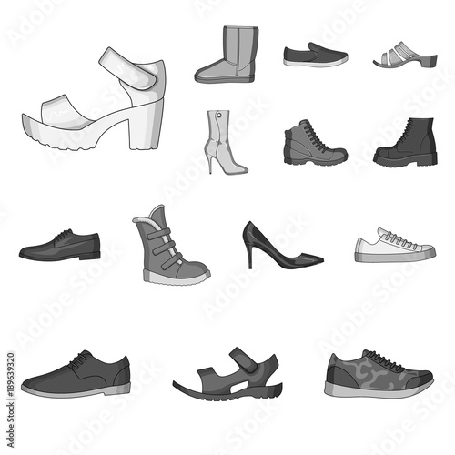 Different shoes monochrome icons in set collection for design. Men's and women's shoes vector symbol stock web illustration.