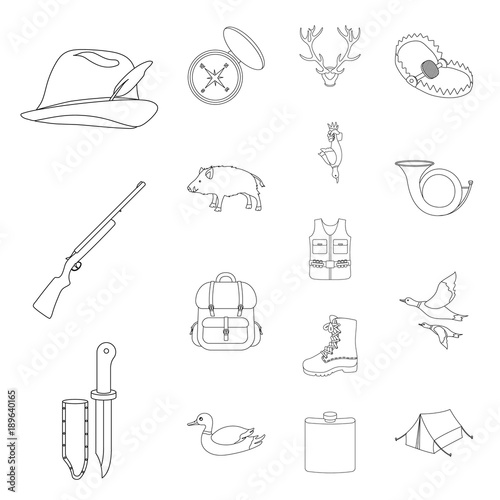 Hunting and trophy outline icons in set collection for design. Hunting and equipment vector symbol stock web illustration.