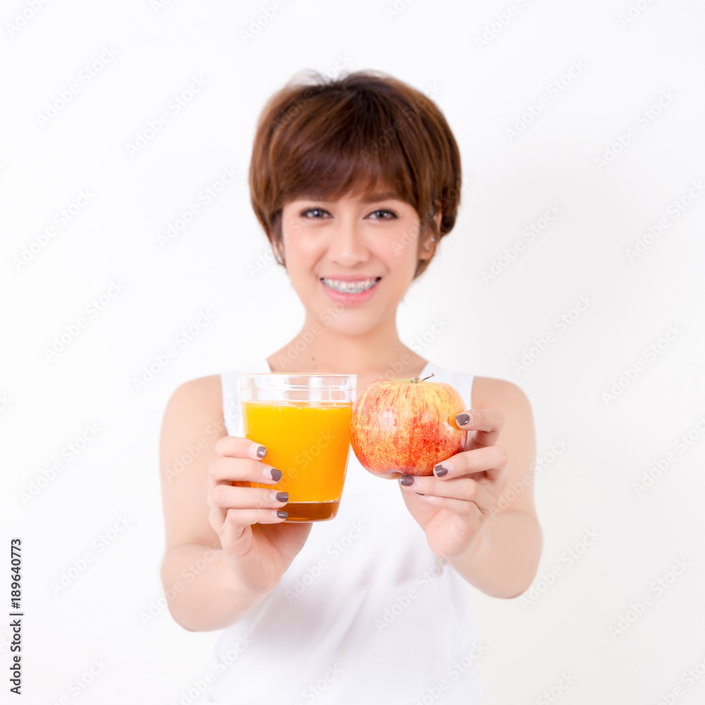 Beautifulyoung Asia woman with healthy food. Isolated on white background. Studio lighting. Concept for healthy. Beautifulyoung Asia woman with healthy food. Isolated on white background. Studio lighting. Concept for healthy.