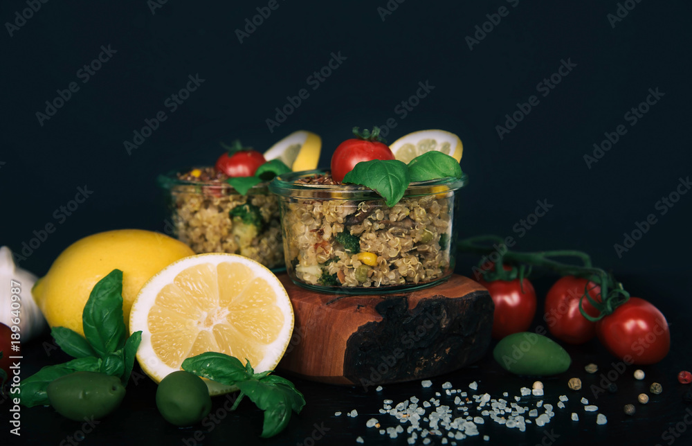 Vegan salad of vegetables, mushrooms and quinoa. Vegan salad of vegetables, mushrooms and quinoa.