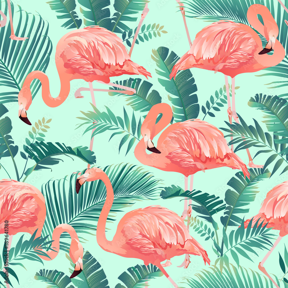Obraz premium Flamingo ptak i tropikalna palma tło wektor wzór.
