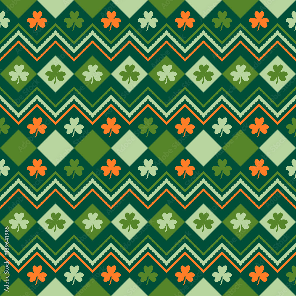 Irish green and orange seamless pattern with shamrock leaves