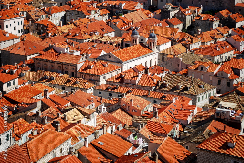 An aerial view of the famous red rooftops of Dubrovnik Old Town