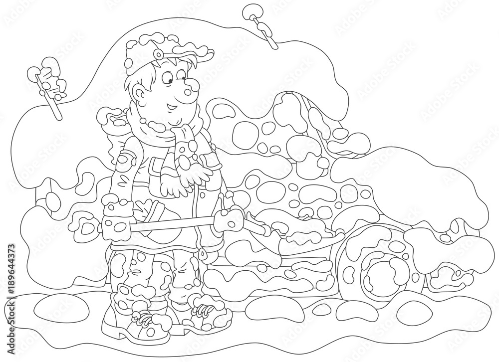 Funny man cleaning snow with a shovel, a black and white vector illustration in cartoon style Funny man cleaning snow with a shovel, a black and white vector illustration in cartoon style