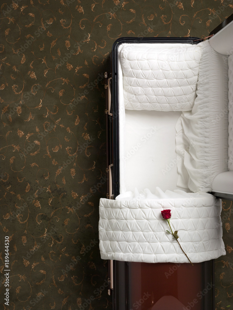 Overhead view of open empty coffin. Stock Photo Adobe Stock