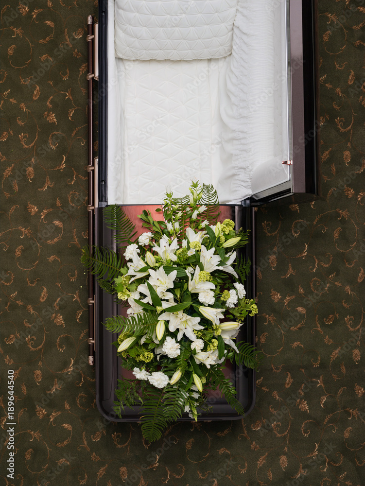 Overhead view of open empty coffin. фотография Stock | Adobe Stock