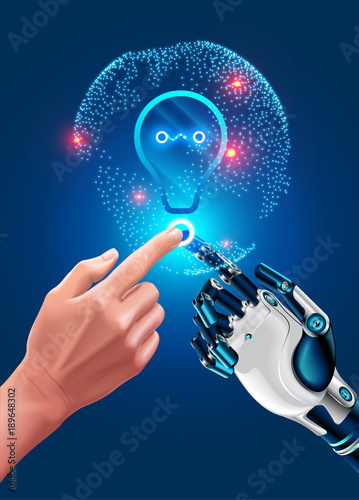 Human hand touches robot hand. Illustration about modern Innovation in industry. Global automation, ai in business. Friendship of artificial intelligence and man. New ideas in optimization business.