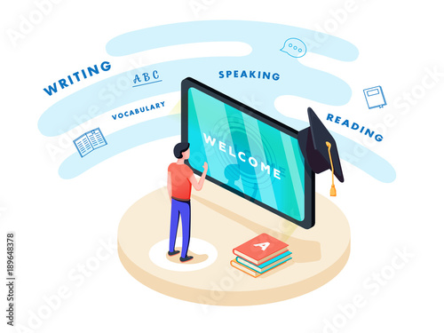 Concept on-line learning and teaching on theme of foreign languages. Student stands in front of gadget