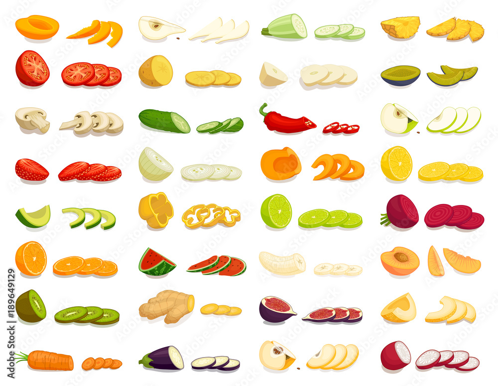 Sliced various fruits and vegetables. Vector illustration. Cooking. Cutting Sliced various fruits and vegetables. Vector illustration. Cooking. Cutting