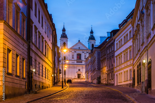 Pauline church of St. Spirit and Mostowa street at night on the old town in Warsaw  Poland