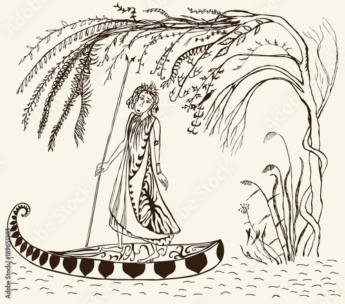 Druid floating down the forest river in a boat